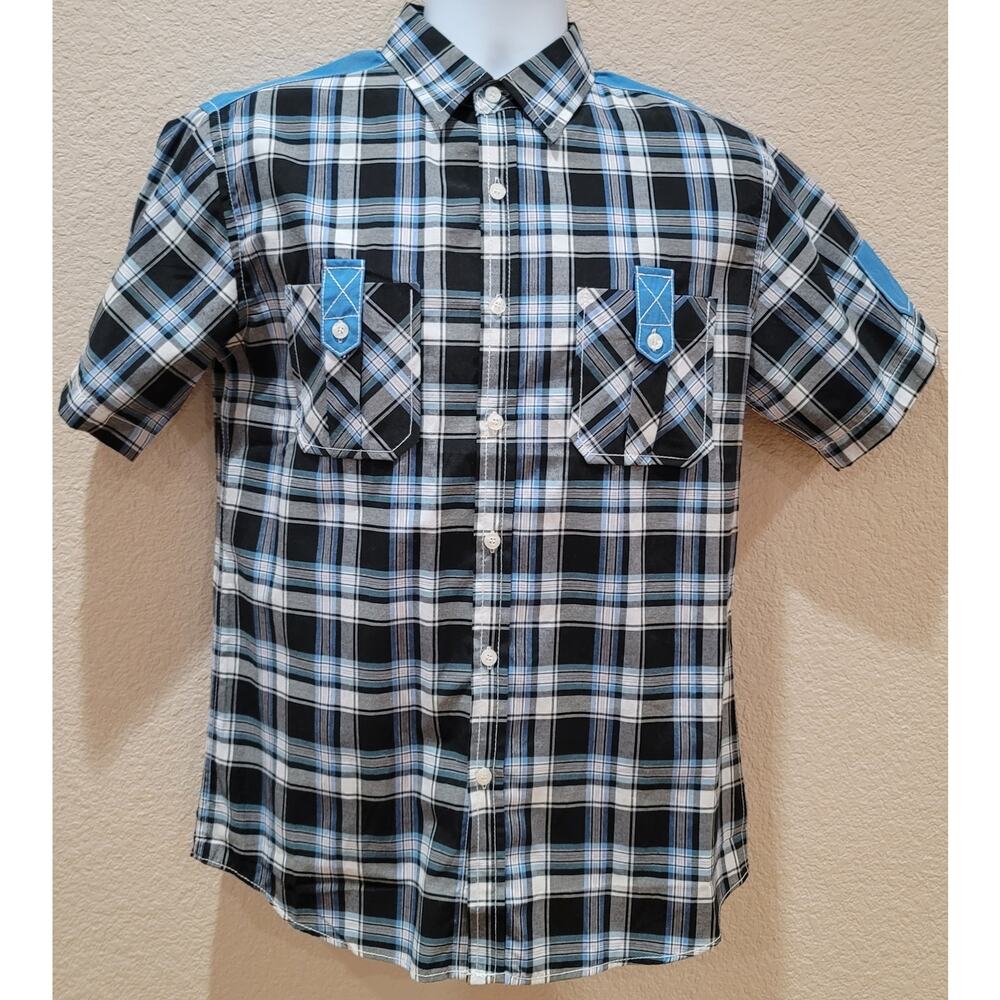Vese Blue Black Plaid Short Sleeve Button Up Men's Shirt Small Front Pockets